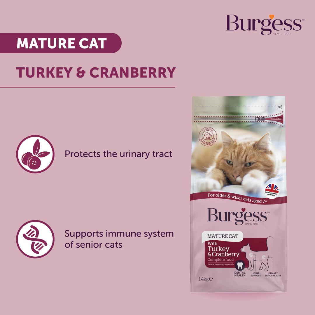 Burgess Mature Cat Complete Turkey & Cranberry Dry Food – 1.4kg