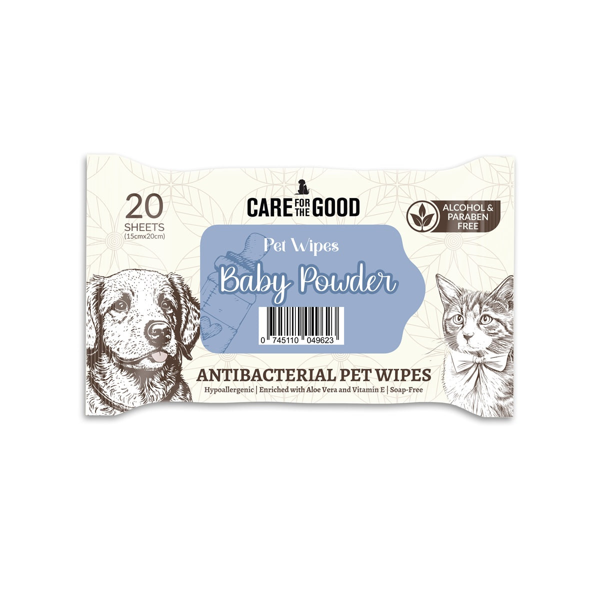 Care For The Good Antibacterial Pet Wipes For Cats & Dogs 20pcs – Travel Pack, Alcohol-Free, Aloe & Vitamin E