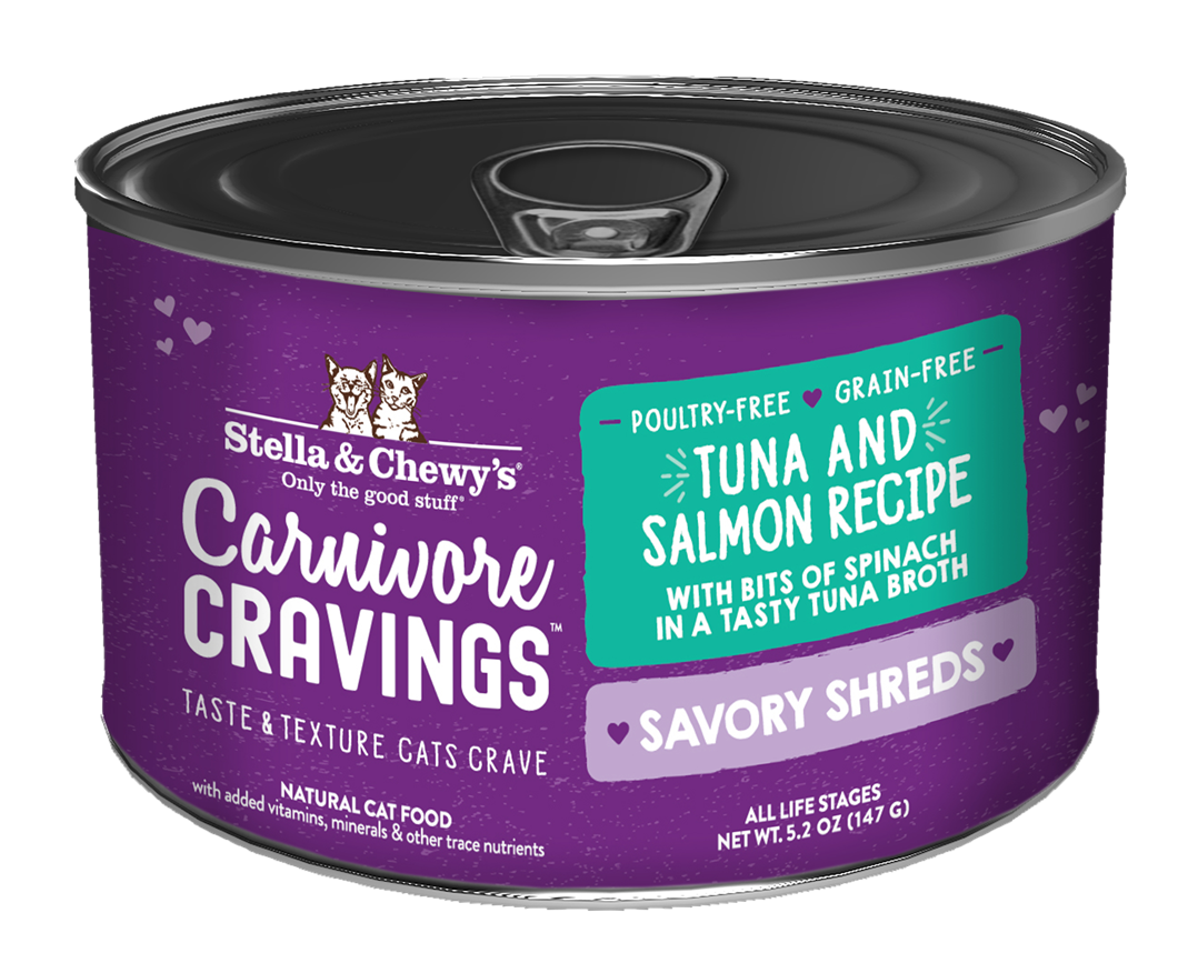 Stella & Chewy’s Carnivore Cravings Savory Shreds Tuna & Salmon Cat Food in can 5.2oz