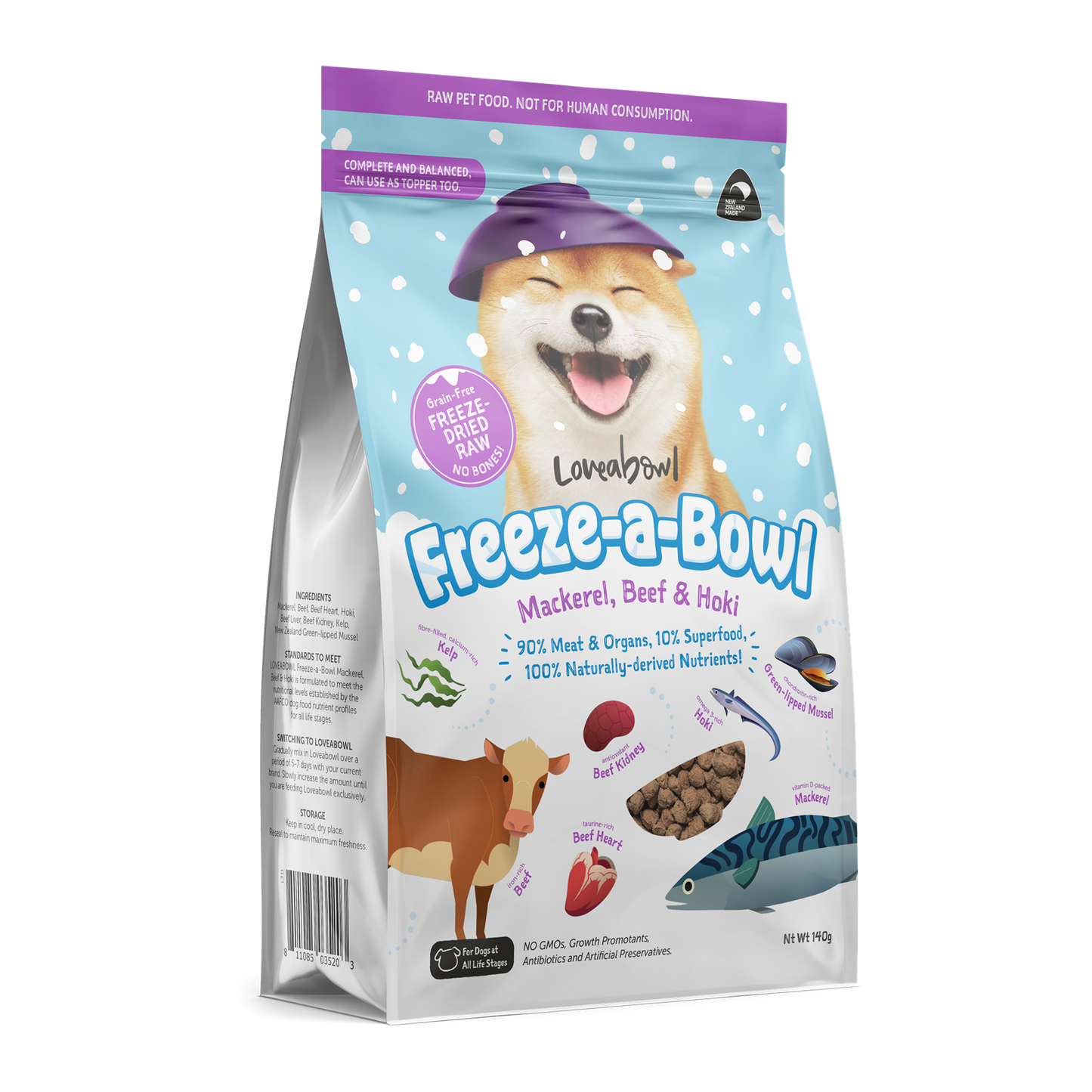 Loveabowl Freeze-A-Bowl Mackerel, Beef & Hoki Grain-Free Freeze-Dried Raw Dog Food 140g/425g