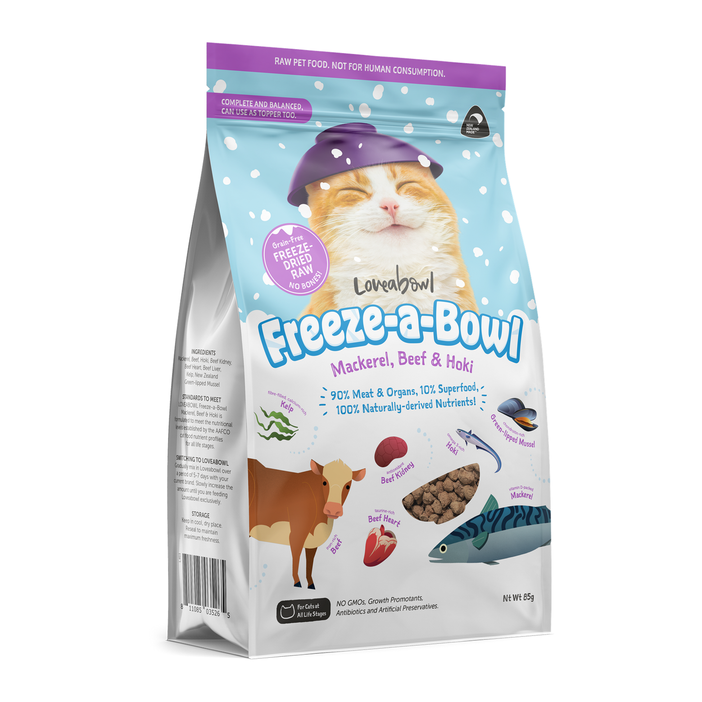 Loveabowl Freeze-A-Bowl Mackerel, Beef & Hoki Grain-Free Freeze-Dried Raw Cat Food 85g/200g