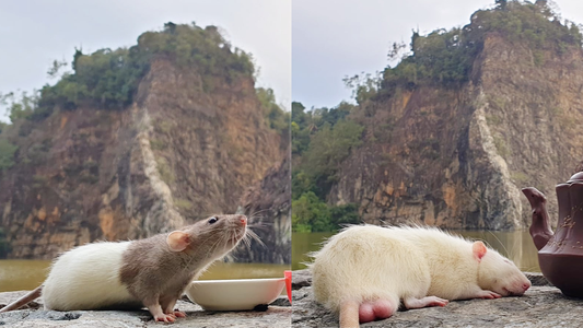 Side by side photo of a slim, alert female pet rat on the left and a larger, relaxed male pet rat on the right, showing clear size and posture differences between female and male rats