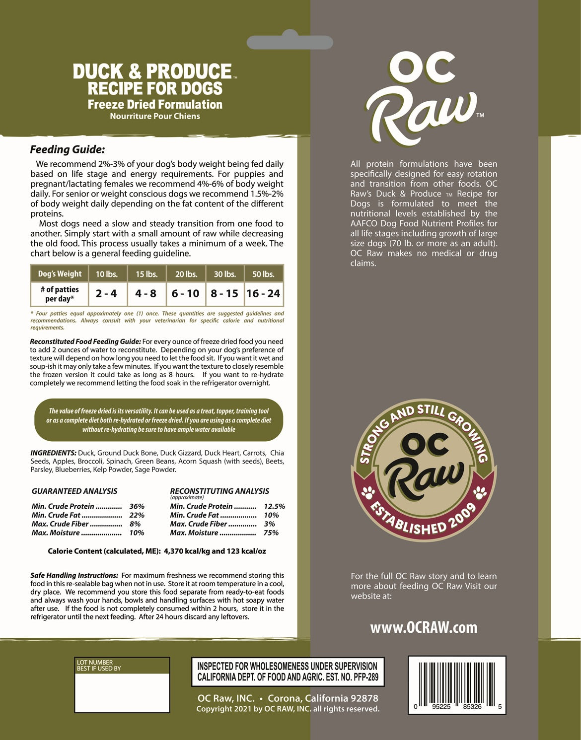 OC Raw Grain Free Freeze Dried Raw Dog Food Sliders 14oz Chicken Turkey Beef Duck