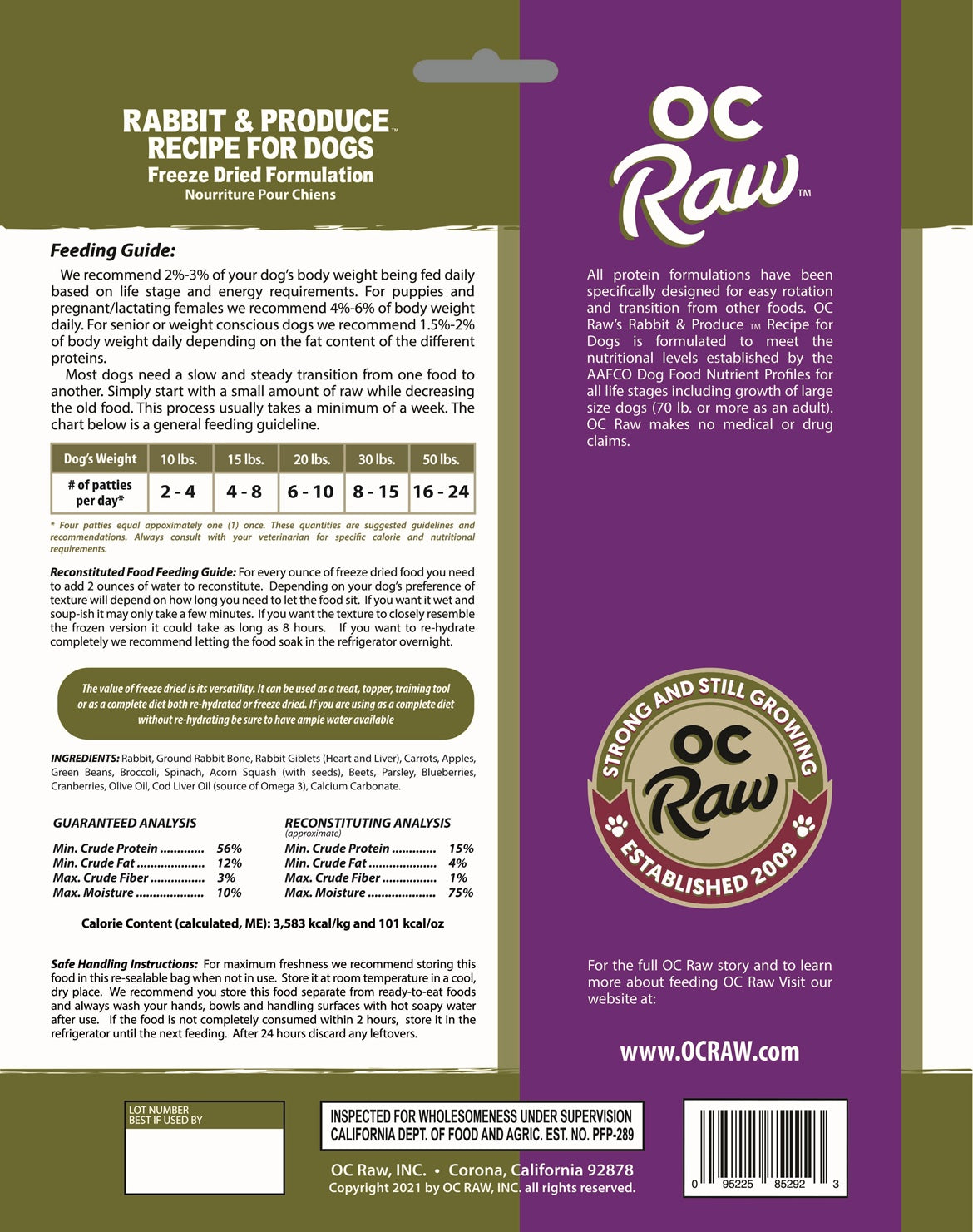 OC Raw Rabbit & Venison Grain Free Freeze Dried Raw Dog Food Sliders 14oz