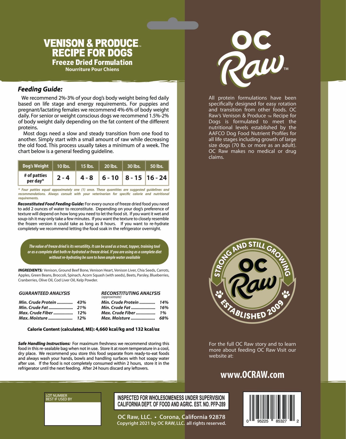 OC Raw Rabbit & Venison Grain Free Freeze Dried Raw Dog Food Sliders 5.5oz