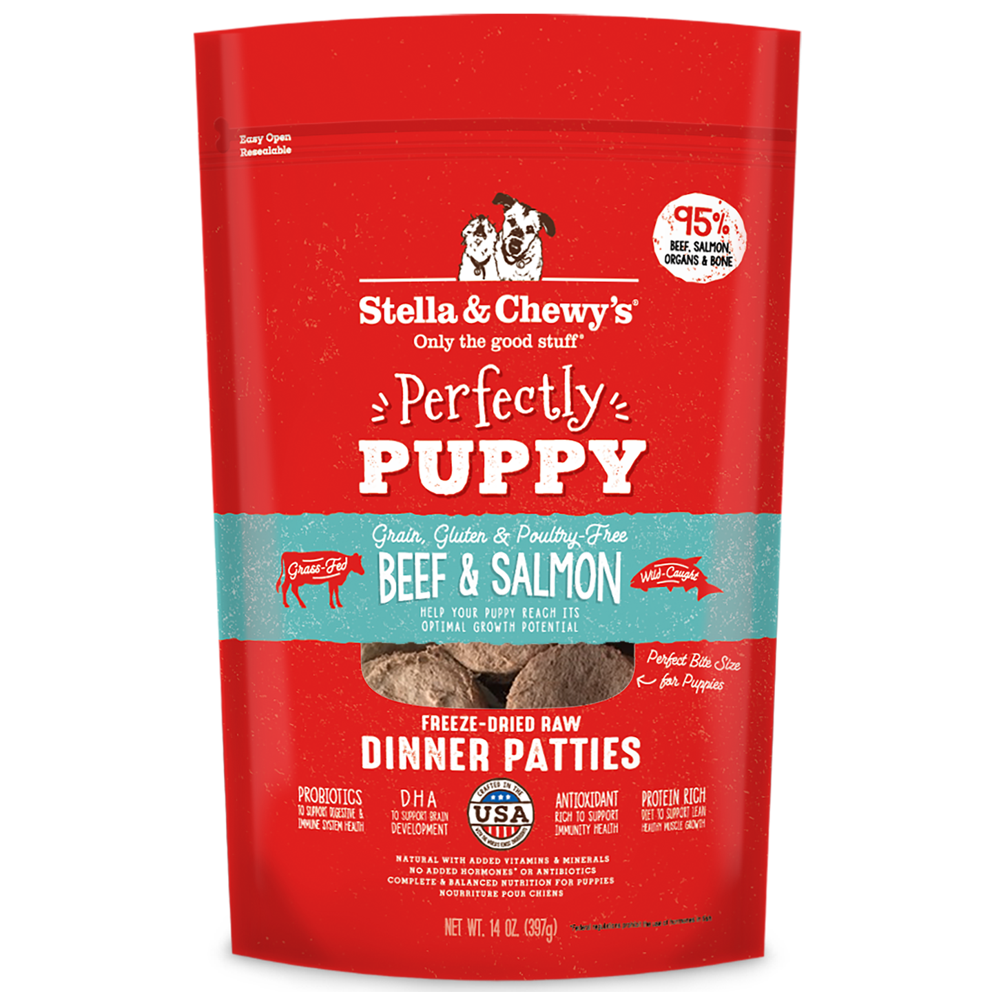 Stella and Chewy’s Perfectly Puppy Beef and Salmon Dinner Patties Freeze Dried Raw Dog Food 14oz
