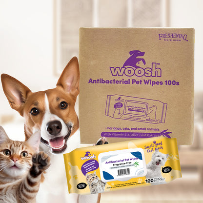 Woosh Fragrance Free Antibacterial Pet Wipes 100pcs for Dogs Cats & Small Animals