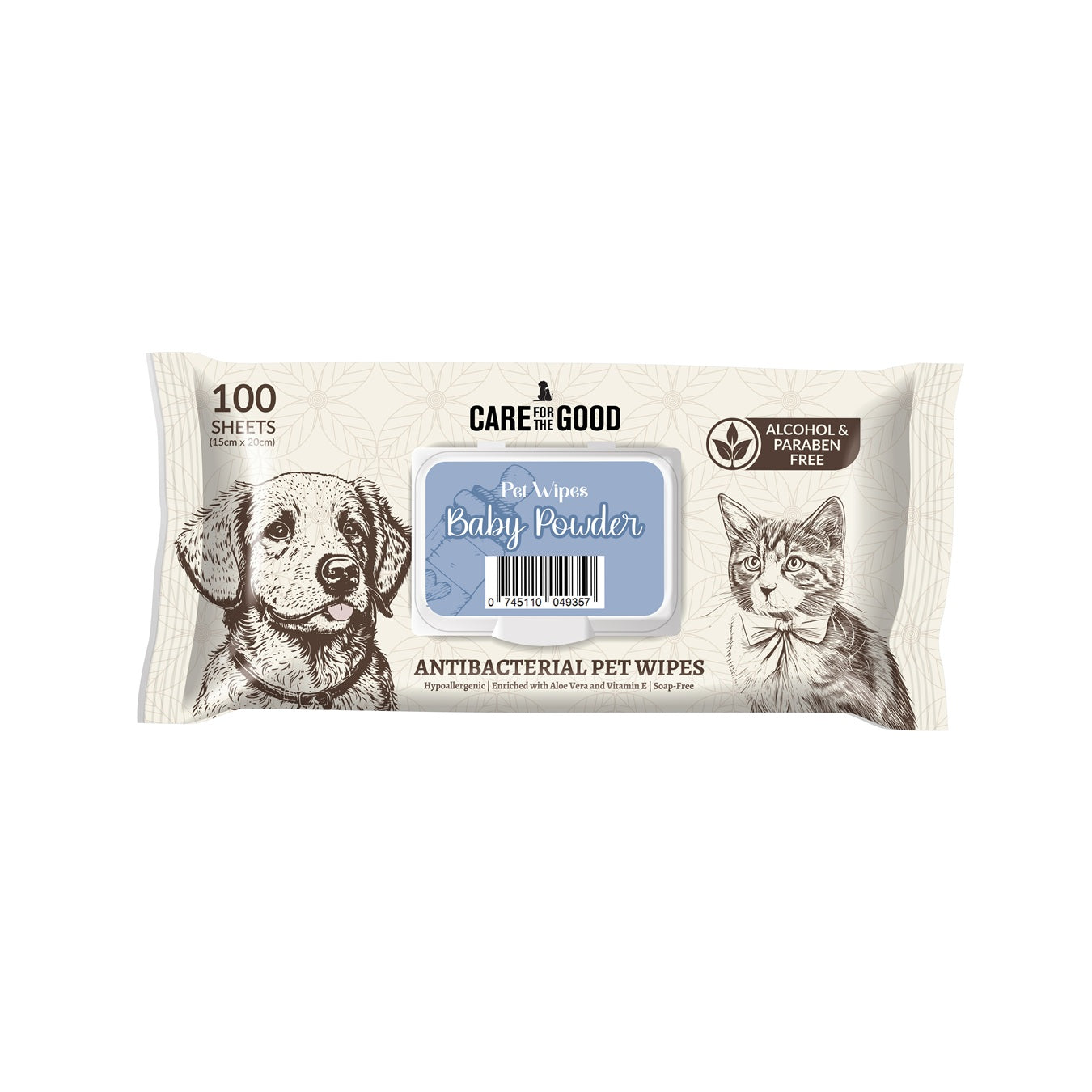 Care For The Good Antibacterial Pet Wipes For Cats & Dogs 100pcs – Alcohol-Free, Aloe & Vitamin E