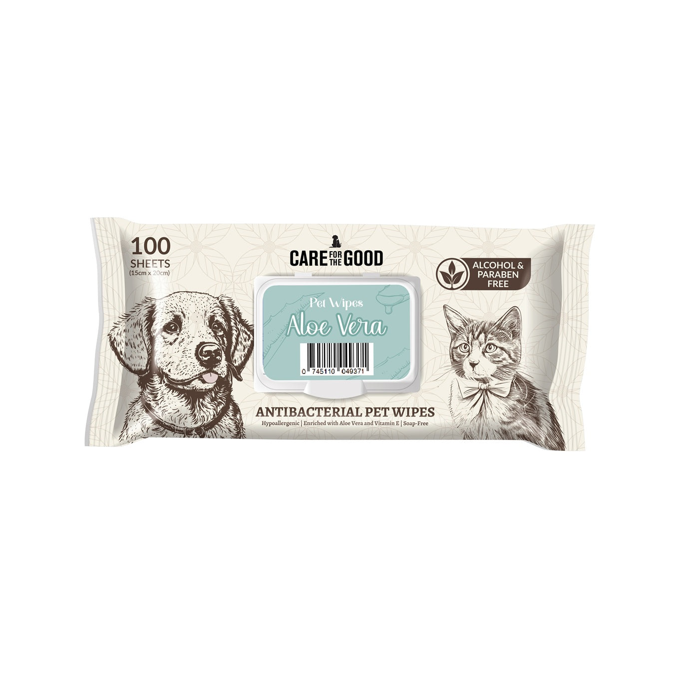 Care For The Good Antibacterial Pet Wipes For Cats & Dogs 100pcs – Alcohol-Free, Aloe & Vitamin E