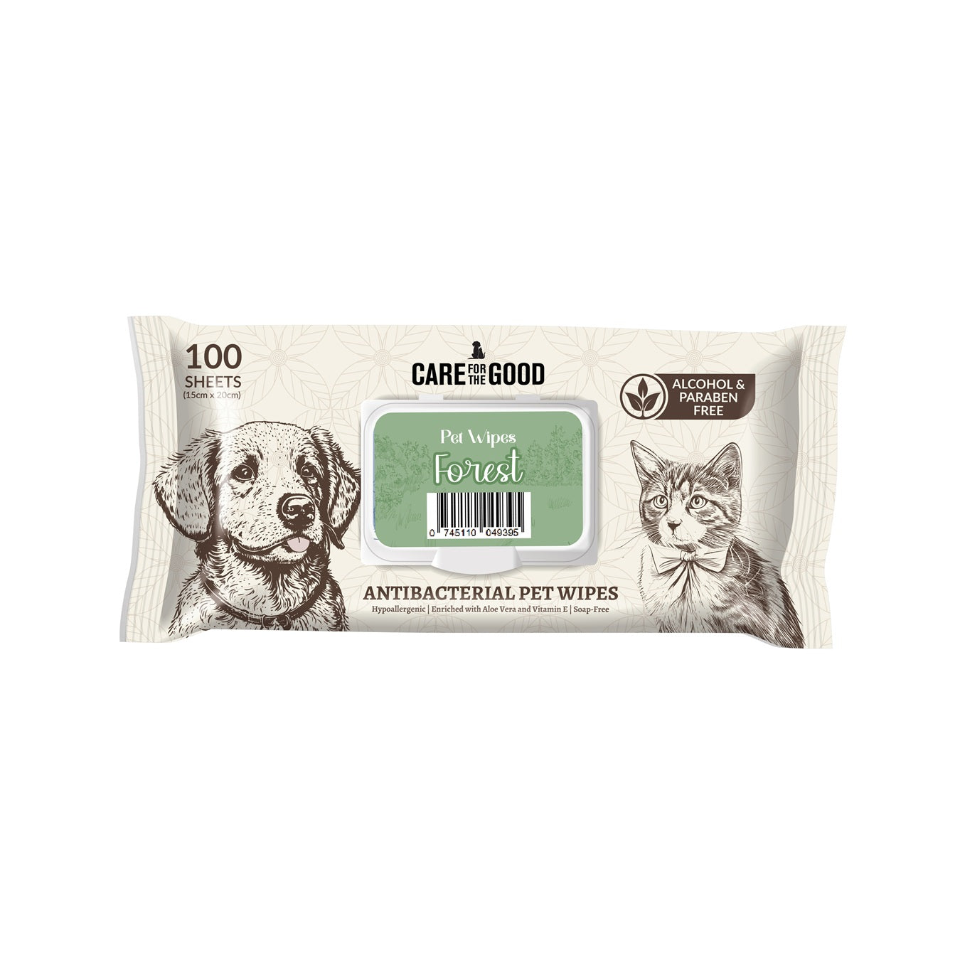 Care For The Good Antibacterial Pet Wipes For Cats & Dogs 100pcs – Alcohol-Free, Aloe & Vitamin E