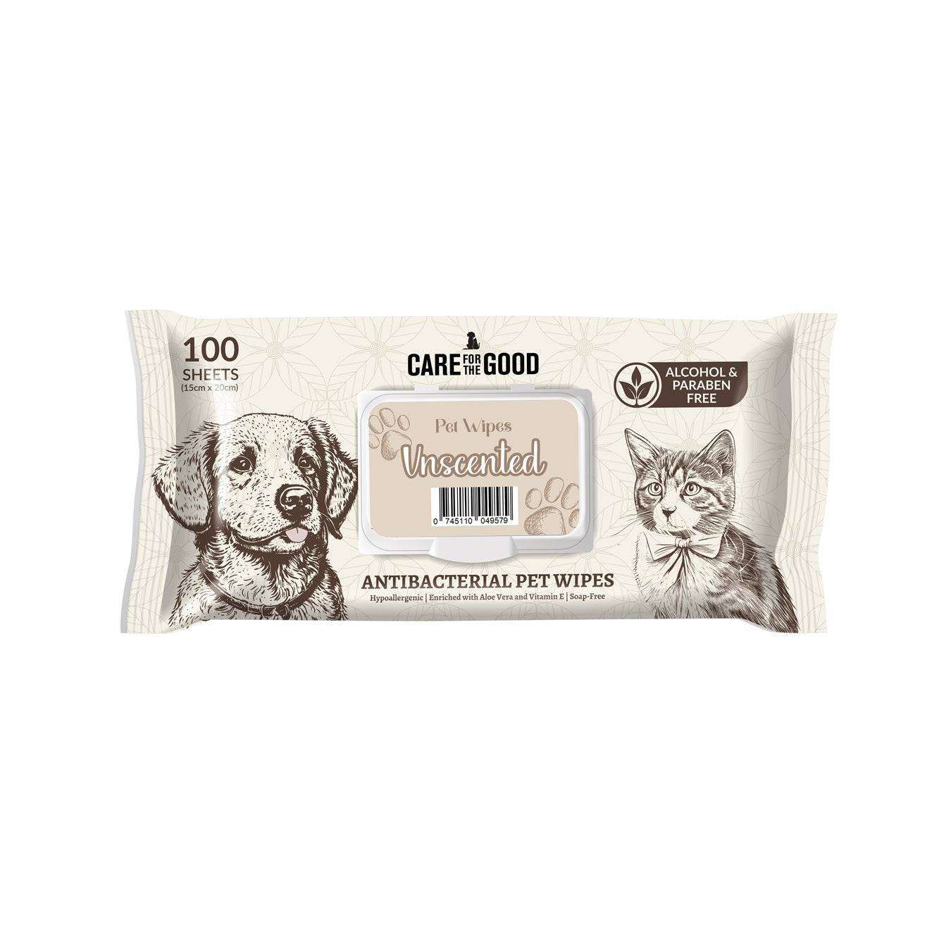 Care For The Good Antibacterial Pet Wipes For Cats & Dogs 100pcs – Alcohol-Free, Aloe & Vitamin E