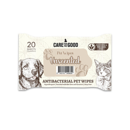 Care For The Good Antibacterial Pet Wipes For Cats & Dogs 20pcs – Travel Pack, Alcohol-Free, Aloe & Vitamin E