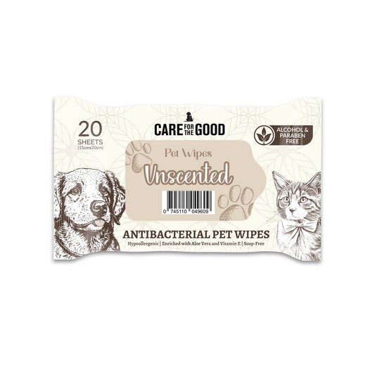 Care For The Good Antibacterial Pet Wipes For Cats & Dogs 20pcs – Travel Pack, Alcohol-Free, Aloe & Vitamin E