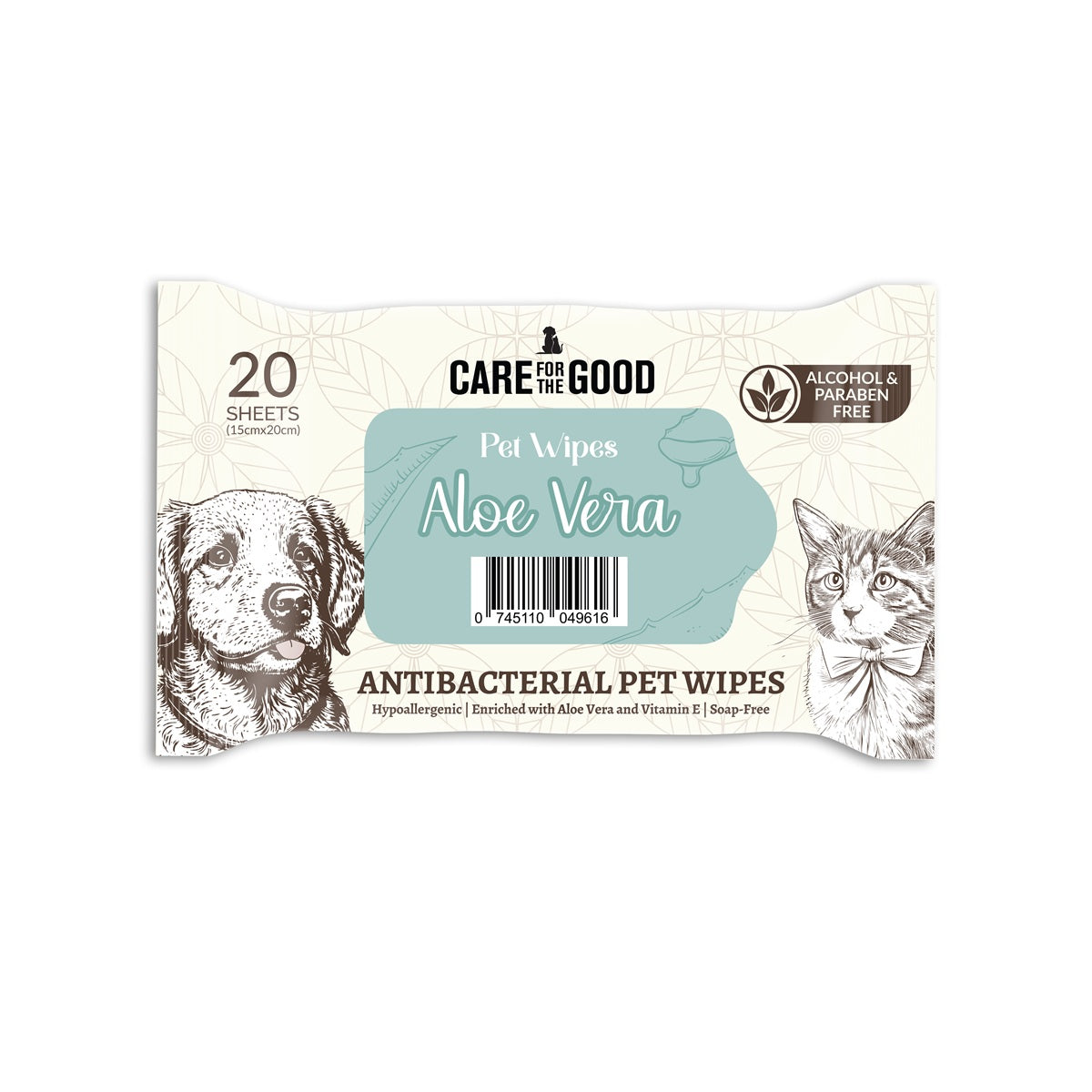 Care For The Good Antibacterial Pet Wipes For Cats & Dogs 20pcs – Travel Pack, Alcohol-Free, Aloe & Vitamin E