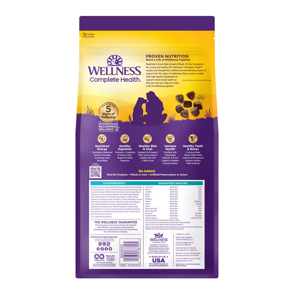 Wellness Complete Health Whitefish & Sweet Potato Poultry Free Adult Dry Dog Food 5LB and 30LB
