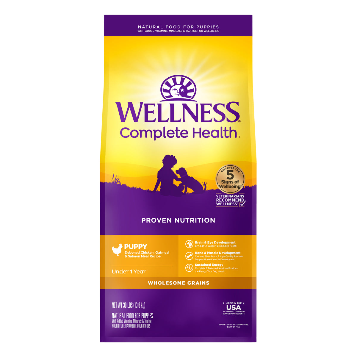 Wellness Complete Health Puppy Chicken, Oatmeal & Salmon Dry Dog Food 5LB and 30LB