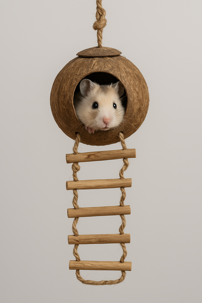Munchies Natural Coconut Husk Hideout with Ladder – For Small Pets & Birds