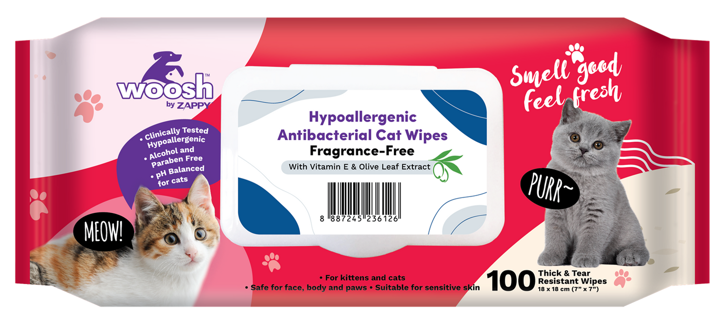 Woosh Hypoallergenic Fragrance Free Antibacterial Cat Wipes 100pcs