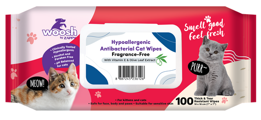Woosh Hypoallergenic Fragrance Free Antibacterial Cat Wipes 100pcs
