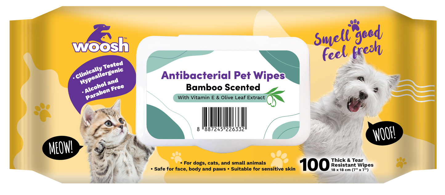 Woosh Bamboo Antibacterial Pet Wipes 100pcs for Dogs Cats & Small Animals