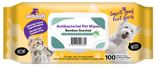Woosh Bamboo Antibacterial Pet Wipes 100pcs for Dogs Cats & Small Animals