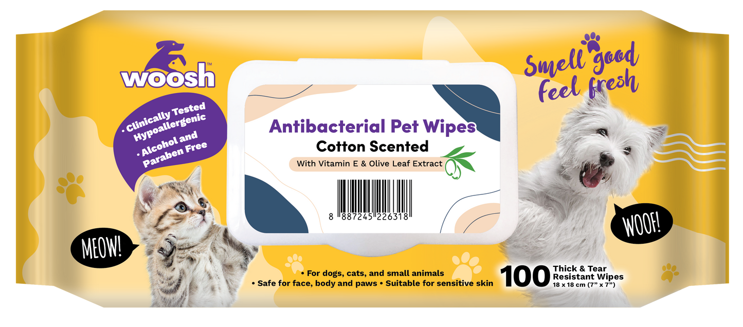 Woosh Cotton Antibacterial Pet Wipes 100pcs for Dogs Cats & Small Animals
