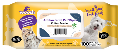 Woosh Cotton Antibacterial Pet Wipes 100pcs for Dogs Cats & Small Animals