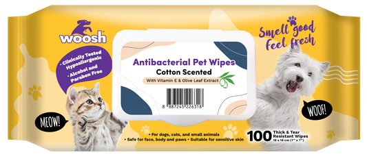 Woosh Cotton Antibacterial Pet Wipes 100pcs for Dogs Cats & Small Animals