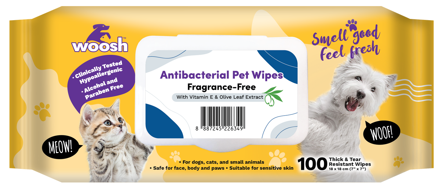 Woosh Fragrance Free Antibacterial Pet Wipes 100pcs for Dogs Cats & Small Animals