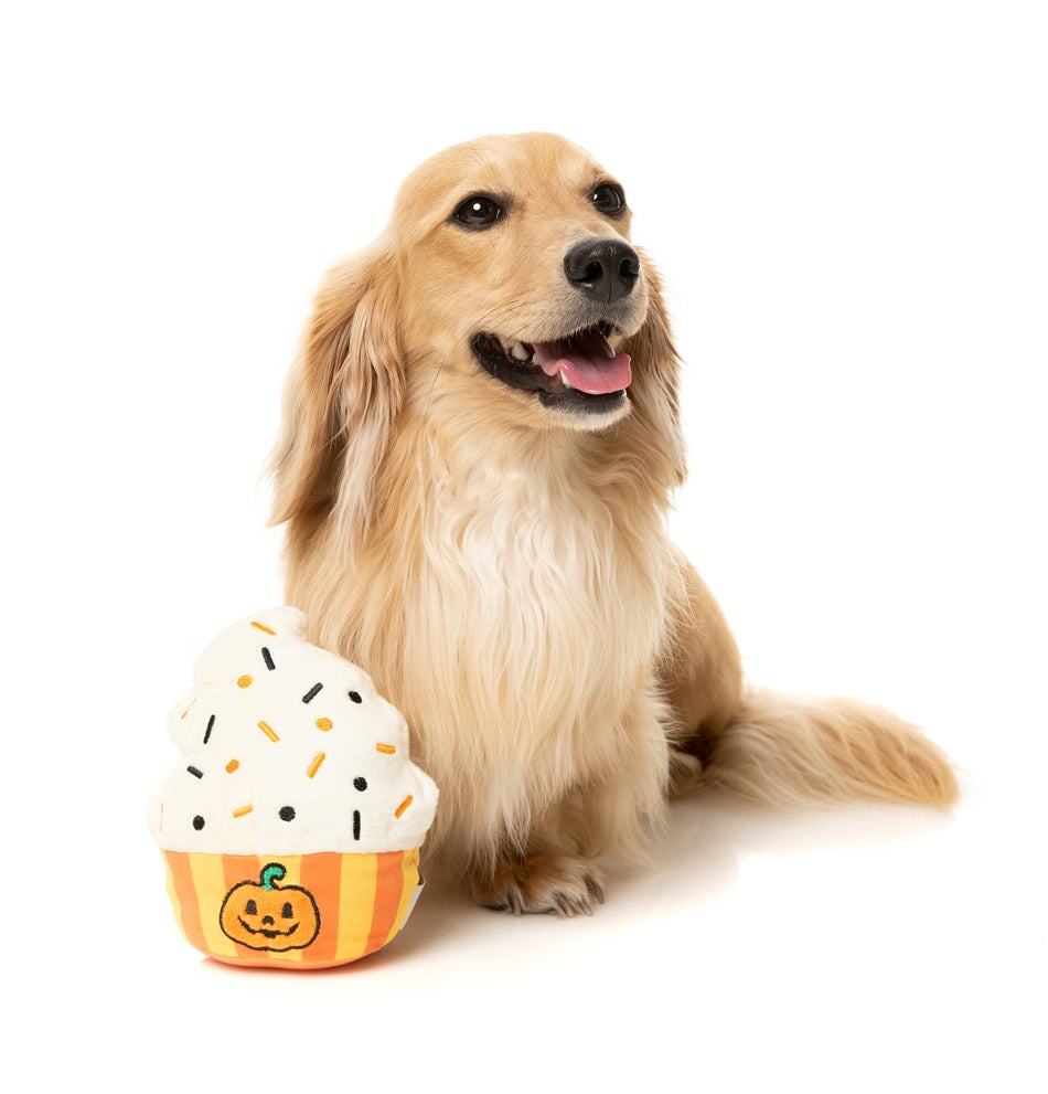 FuzzYard Halloween Happy Pumpkin Cupcake Plush Dog Toy with Squeaker