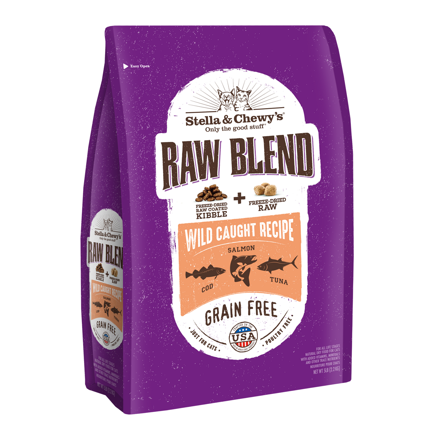 Stella and Chewy’s Raw Blend Cage Free Recipe for Cats – Wild-Caught Cod Salmon and Tuna 5LB