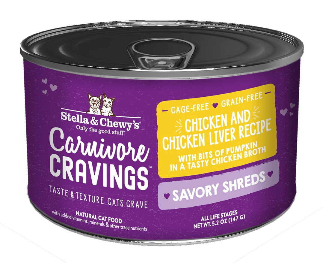 Stella & Chewy’s Carnivore Cravings Savory Shreds Chicken & Chicken Liver Cat Food in can 5.2oz