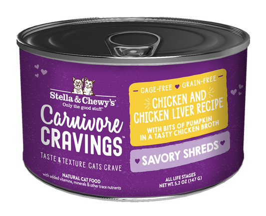 Stella & Chewy’s Carnivore Cravings Savory Shreds Chicken & Chicken Liver Cat Food in can 5.2oz