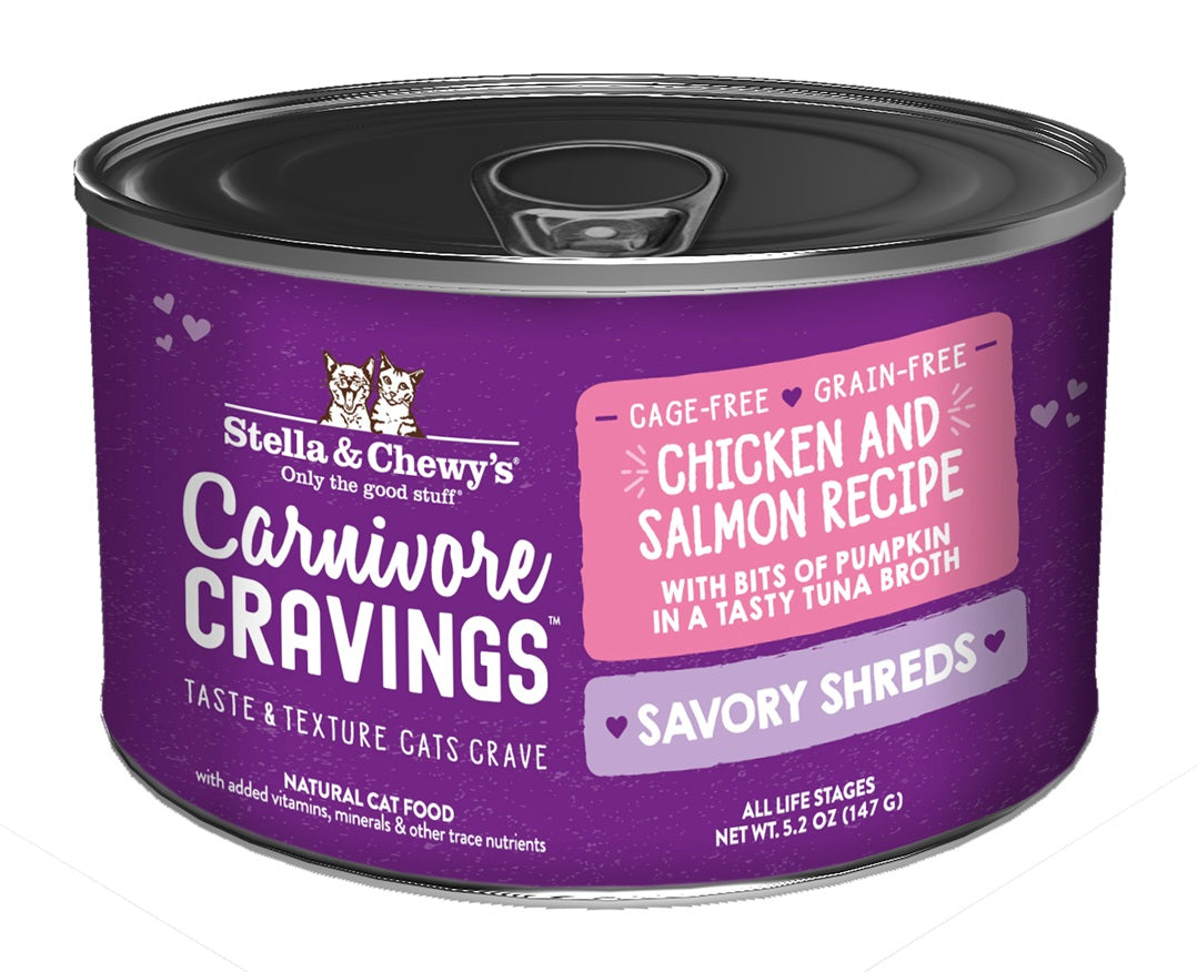 Stella & Chewy’s Carnivore Cravings Savory Shreds Chicken & Salmon Cat Food in can 5.2oz