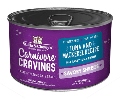 Stella & Chewy’s Carnivore Cravings Savory Shreds Tuna & Mackerel Cat Food in can 5.2oz
