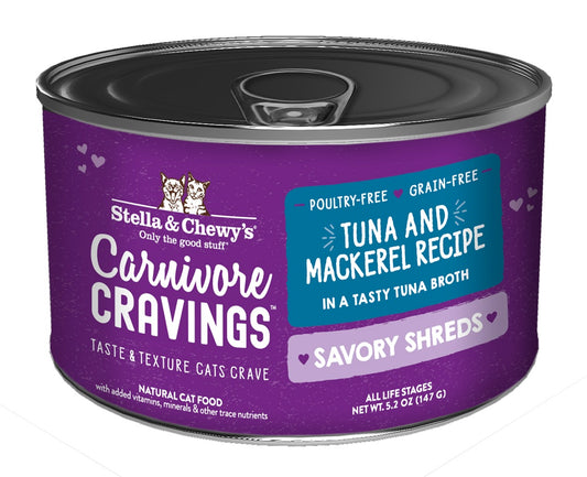 Stella & Chewy’s Carnivore Cravings Savory Shreds Tuna & Mackerel Cat Food in can 5.2oz