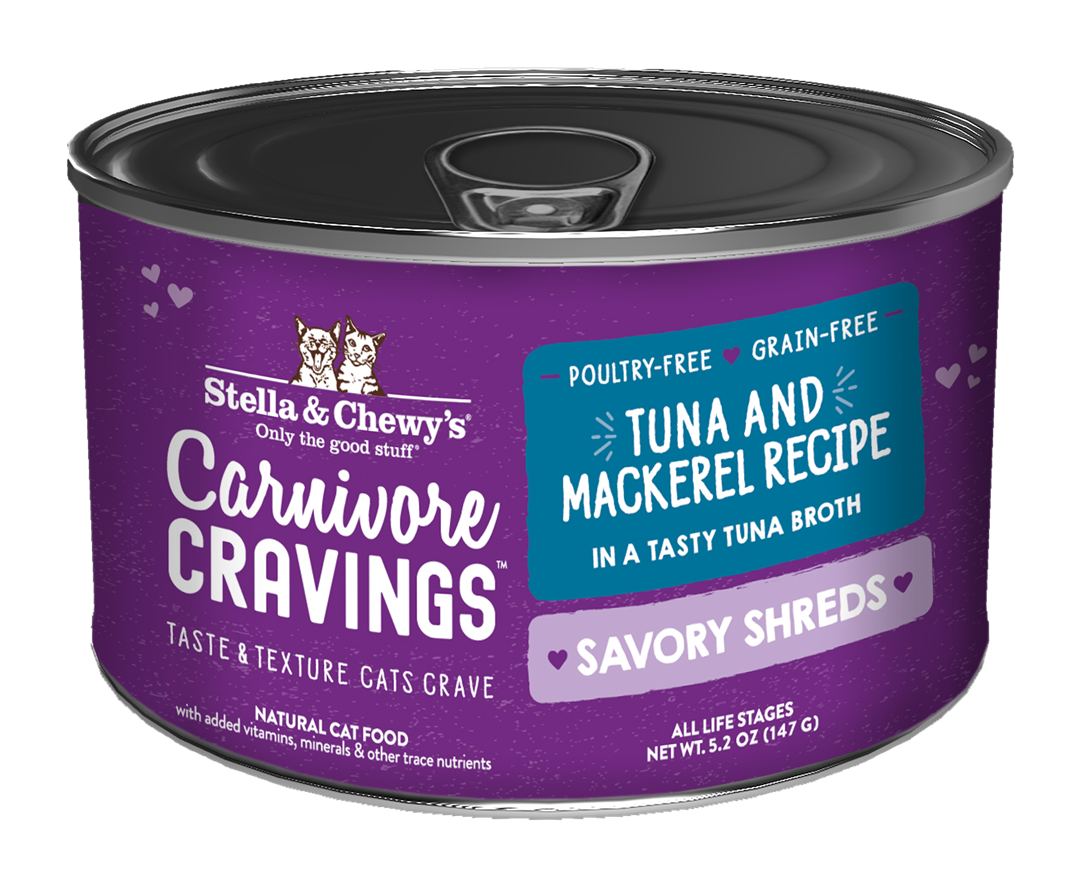 Stella & Chewy’s Carnivore Cravings Savory Shreds Tuna & Mackerel Cat Food in can 5.2oz