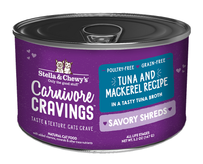 Stella & Chewy’s Carnivore Cravings Savory Shreds Tuna & Mackerel Cat Food in can 5.2oz