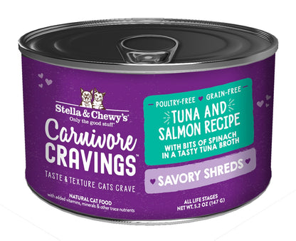Stella & Chewy’s Carnivore Cravings Savory Shreds Tuna & Salmon Cat Food in can 5.2oz