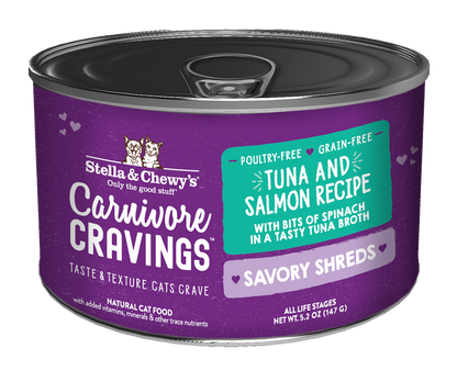 Stella & Chewy’s Carnivore Cravings Savory Shreds Tuna & Salmon Cat Food in can 5.2oz