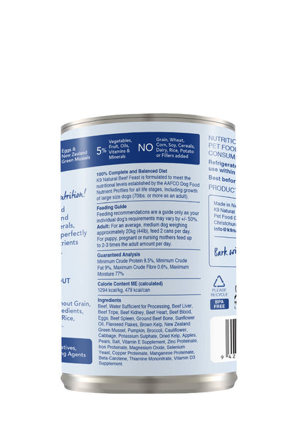 K9 Natural Canned Beef Feast for Dogs – 370g (12 Cans)