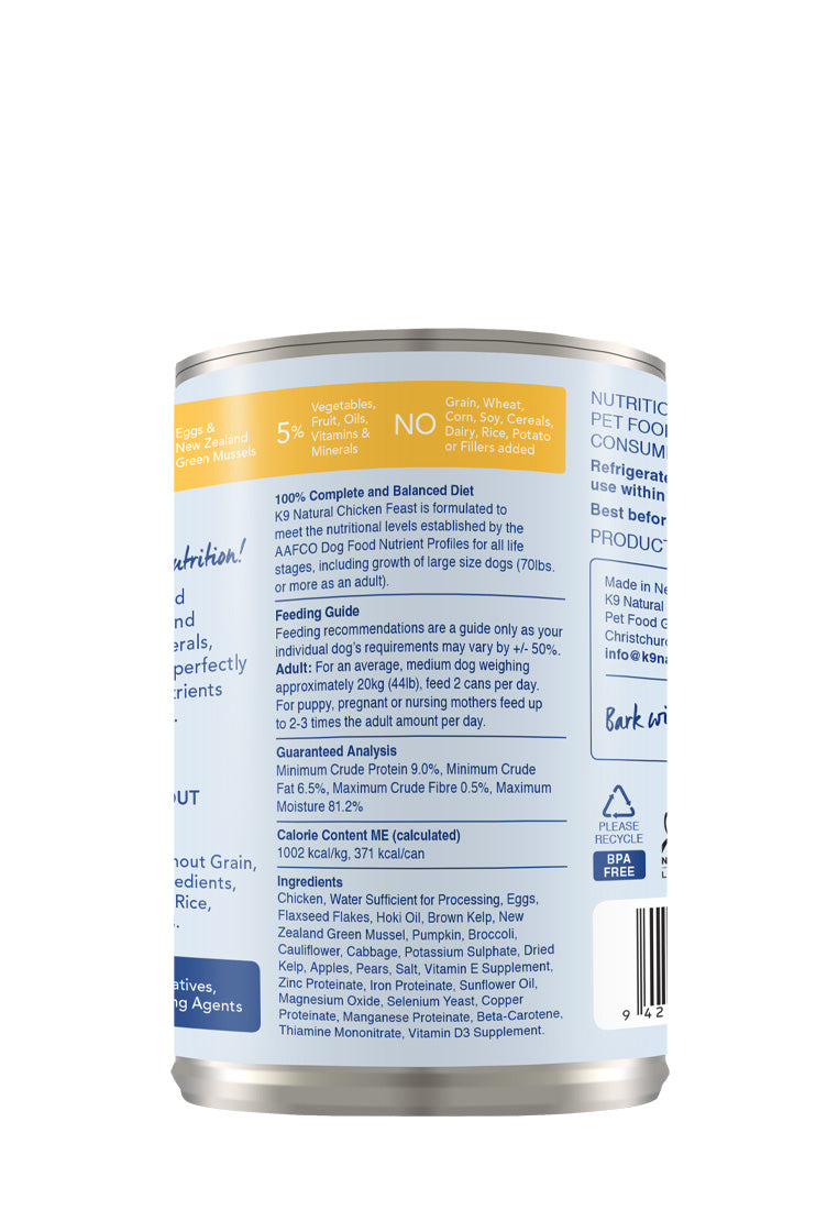 K9 Natural Canned Chicken Feast for Dogs – 370g (12 Cans)