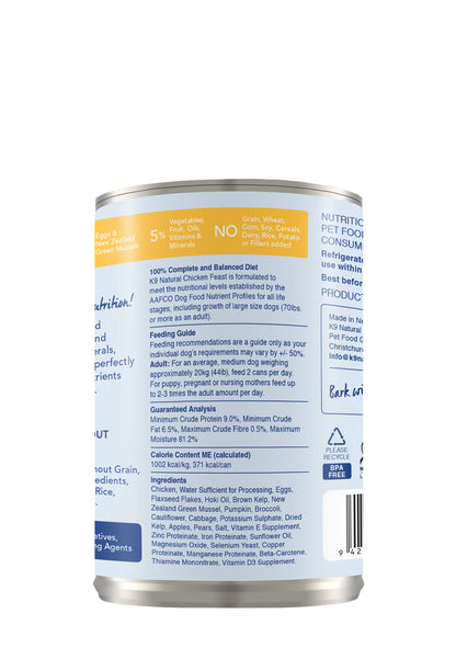 K9 Natural Canned Chicken Feast for Dogs – 370g (12 Cans)