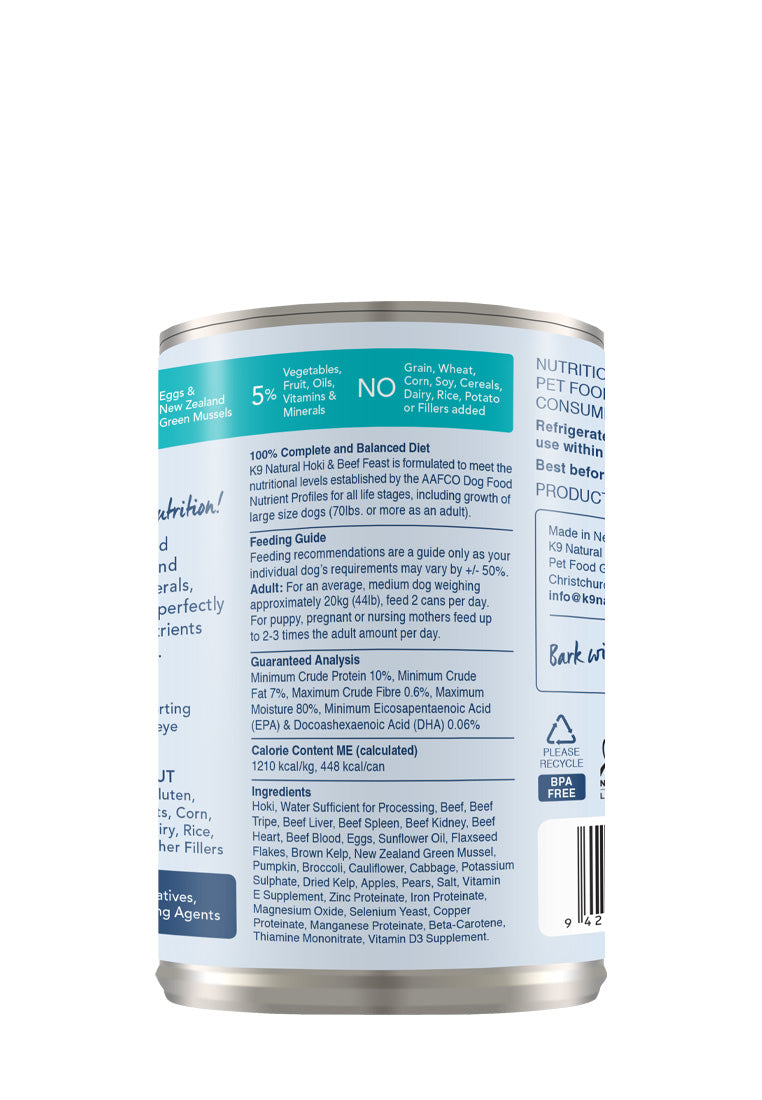 K9 Natural Canned Beef & Hoki Feast for Dogs – 370g (12 Cans)