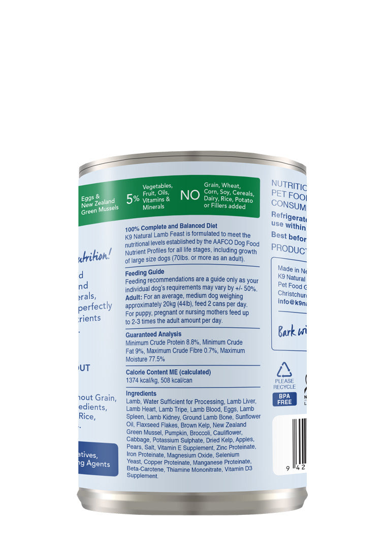 K9 Natural Canned Lamb Feast for Dogs – 370g (12 Cans)