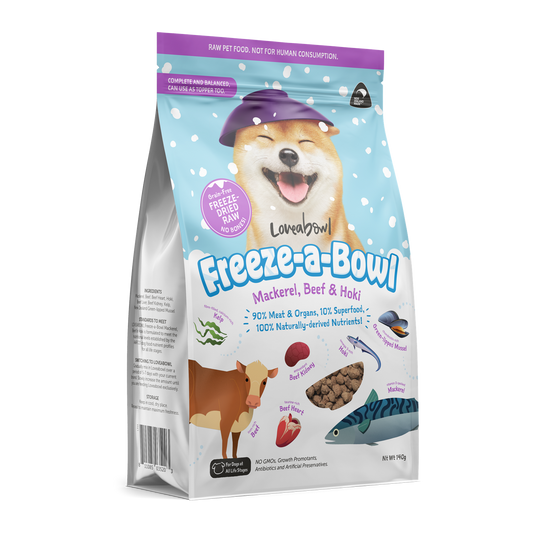 Loveabowl Freeze-A-Bowl Mackerel, Beef & Hoki Grain-Free Freeze-Dried Raw Dog Food 140g/425g