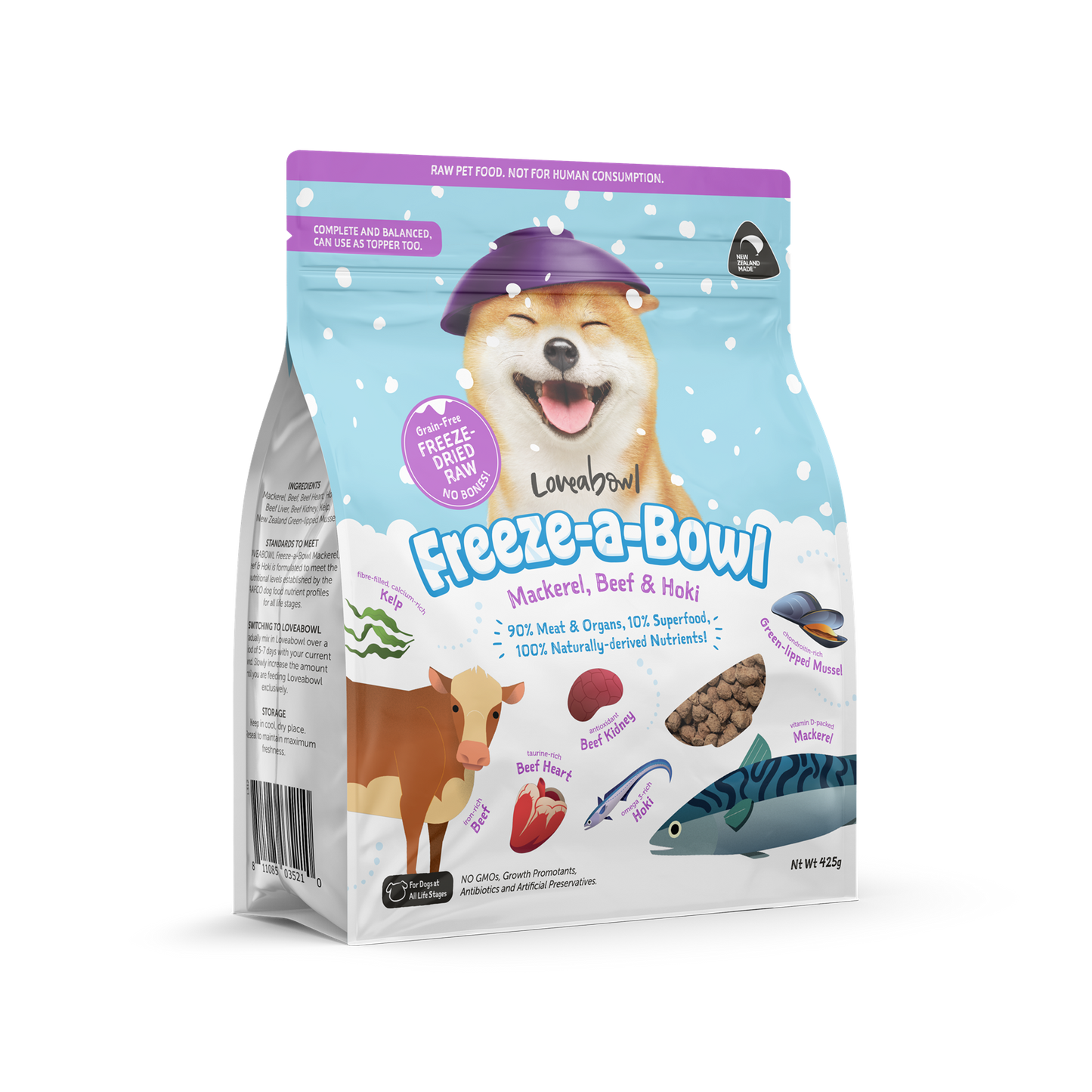 Loveabowl Freeze-A-Bowl Mackerel, Beef & Hoki Grain-Free Freeze-Dried Raw Dog Food 140g/425g