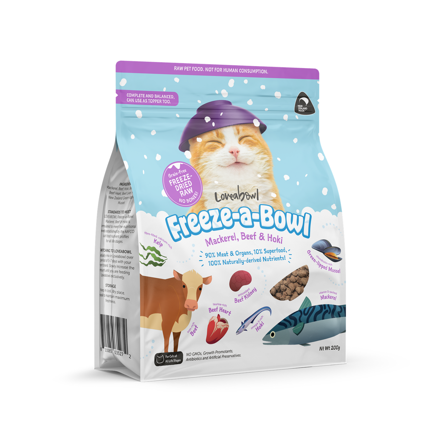 Loveabowl Freeze-A-Bowl Mackerel, Beef & Hoki Grain-Free Freeze-Dried Raw Cat Food 85g/200g