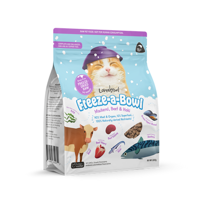Loveabowl Freeze-A-Bowl Mackerel, Beef & Hoki Grain-Free Freeze-Dried Raw Cat Food 85g/200g