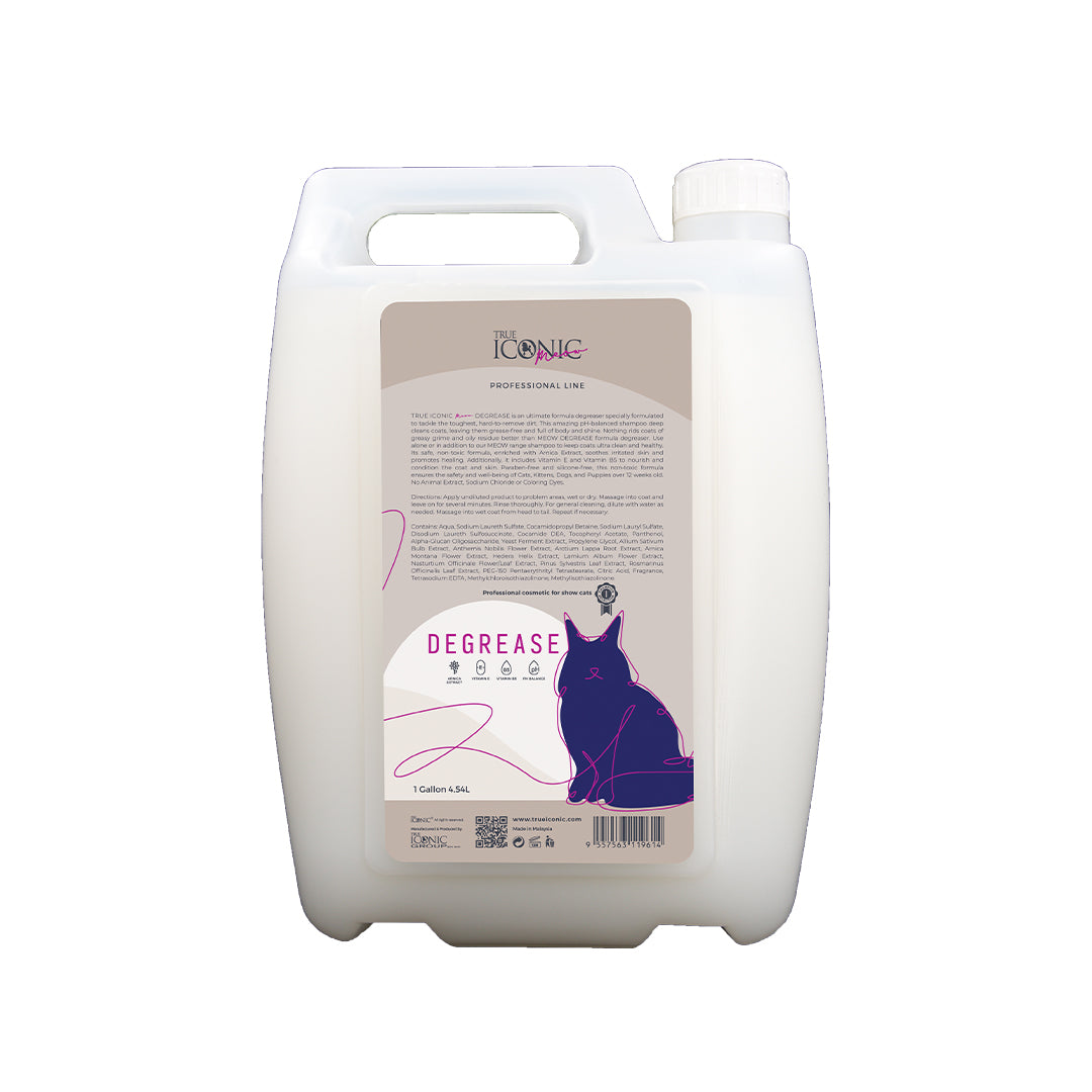 True Iconic Meow Degrease Shampoo for Cats 1 Gallon Deep Clean Oil Removal